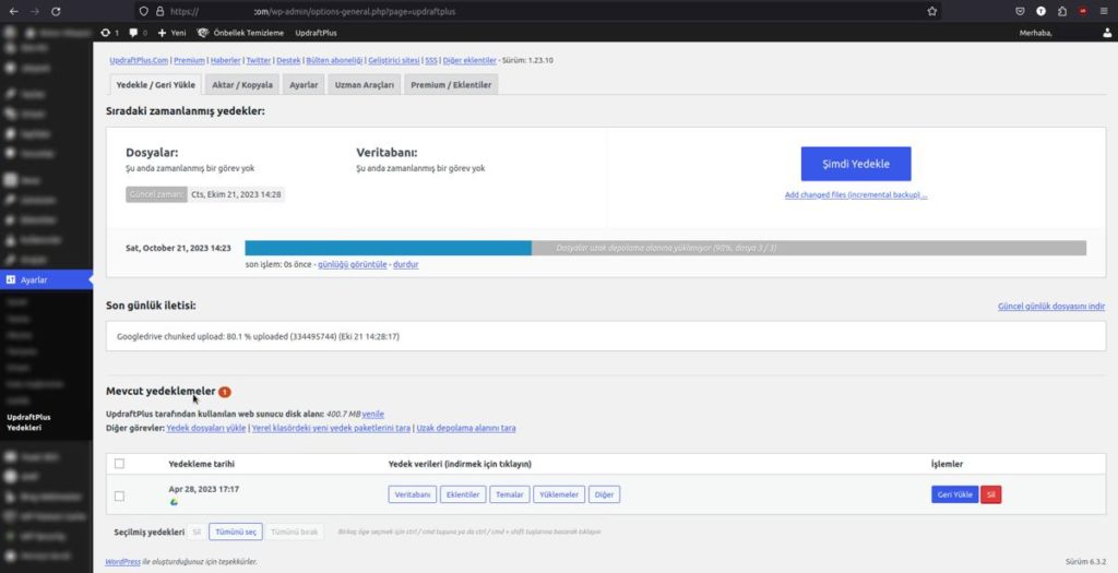 wordpress yedekleme, UpdraftPlus ana ekranı